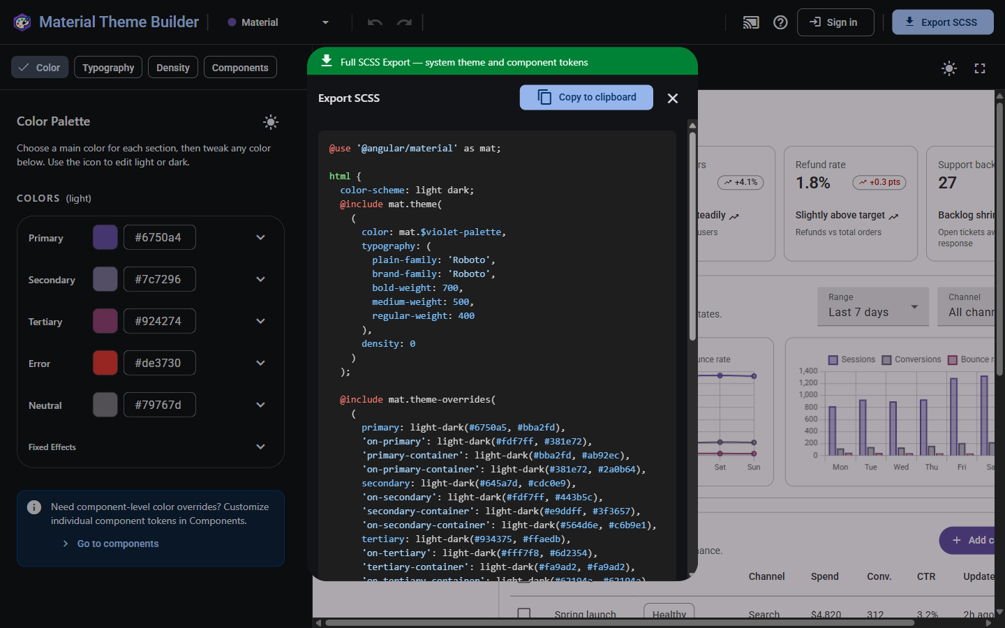 Export panel showing generated SCSS