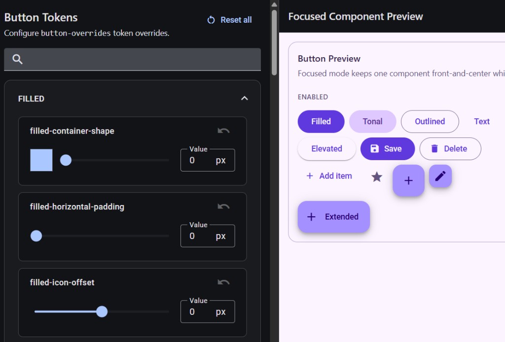 Button token overrides with sliders next to a focused component preview of Material buttons.