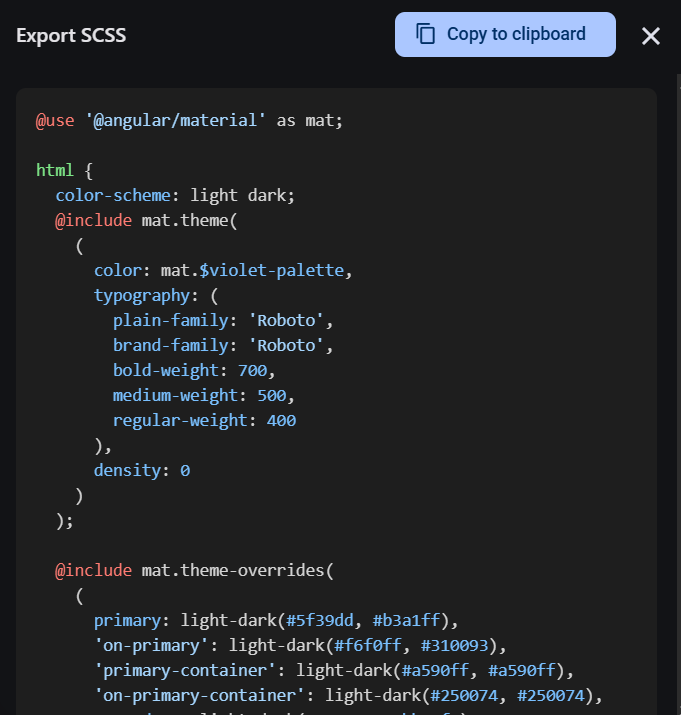 Export SCSS dialog with syntax-highlighted Angular Material theme and theme-overrides code.
