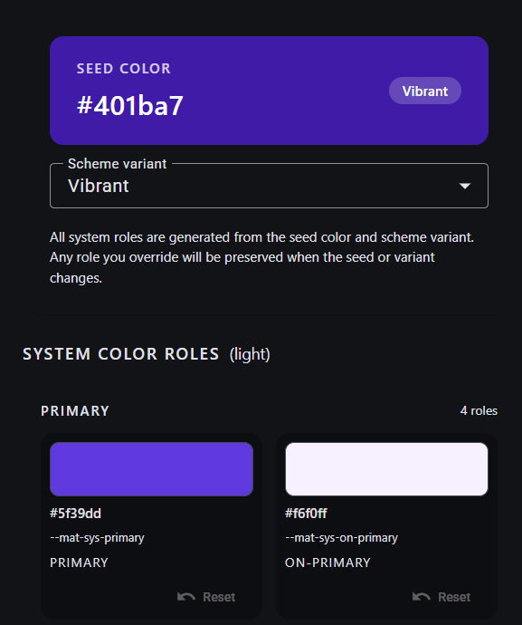 Color editor showing seed color, vibrant scheme variant, and system color roles such as primary and on-primary.